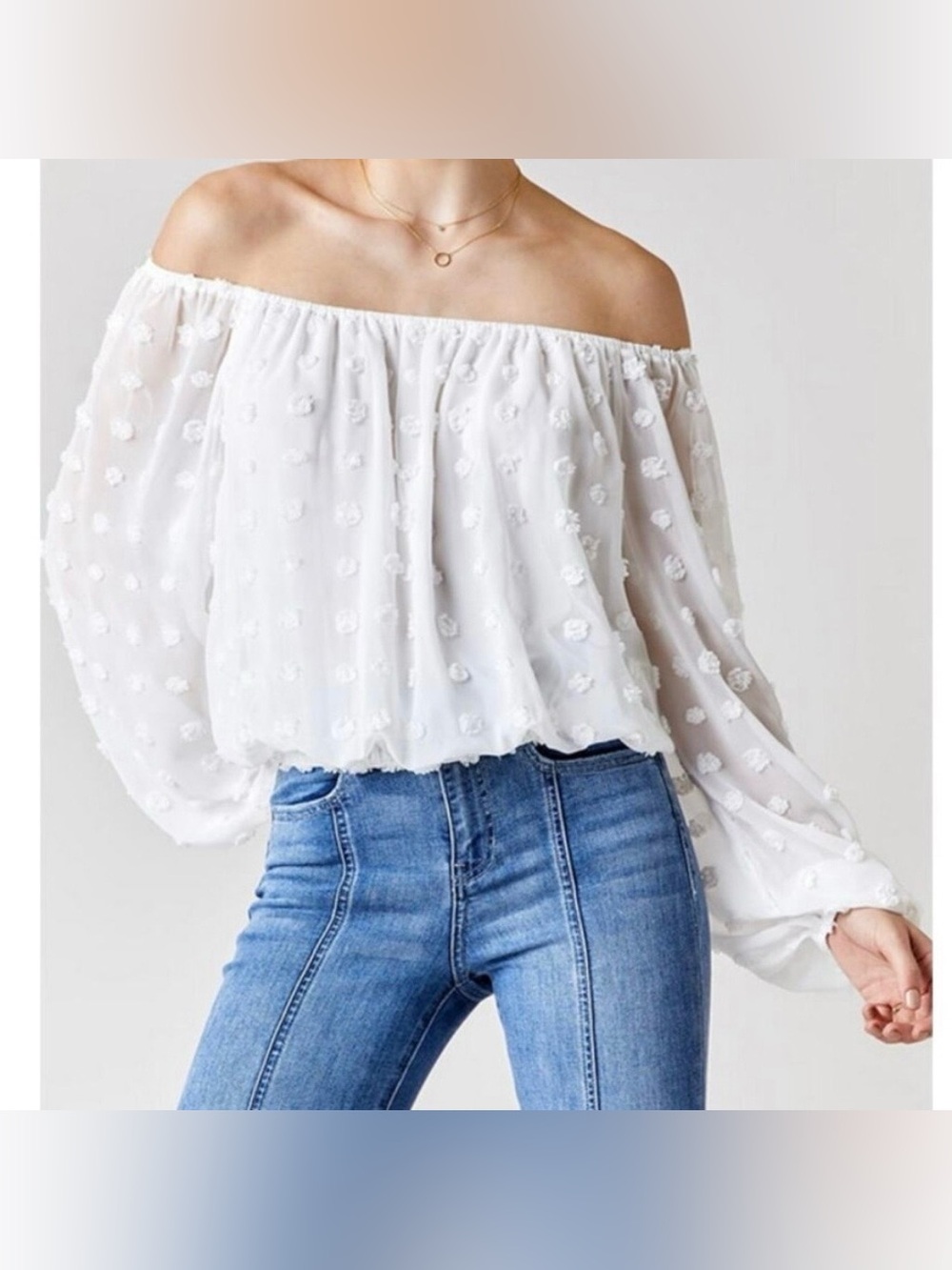 NWT Francesca's Collections White Textured Swiss Dot Long-Sleeve Peasant Top